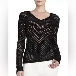 BCBG BLACK KUTTIE MIXED POINTELLE LONG-SLEEVE TOP